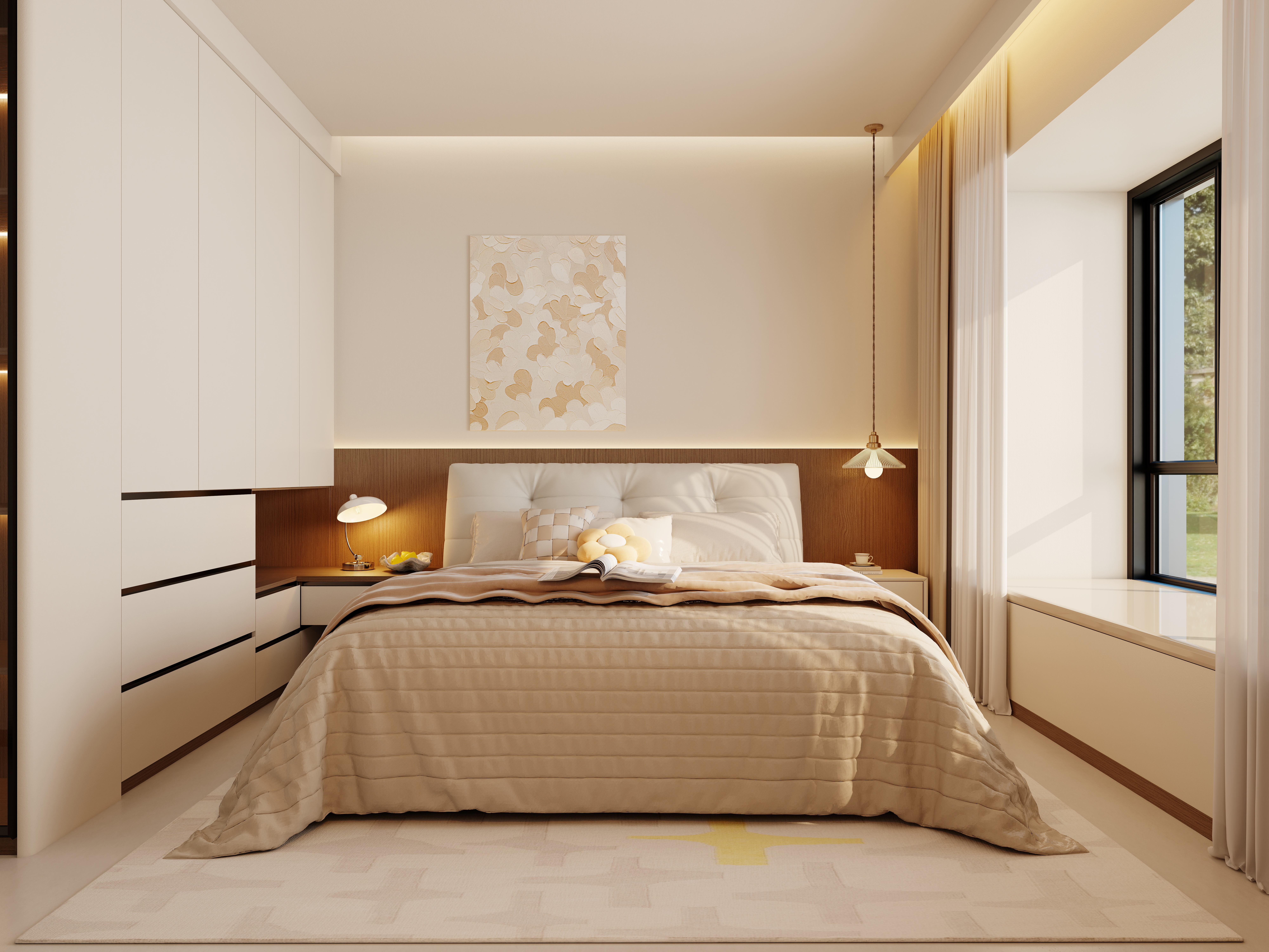 设计师1朱工-奶油中古风一层主卧装修效果图第2张