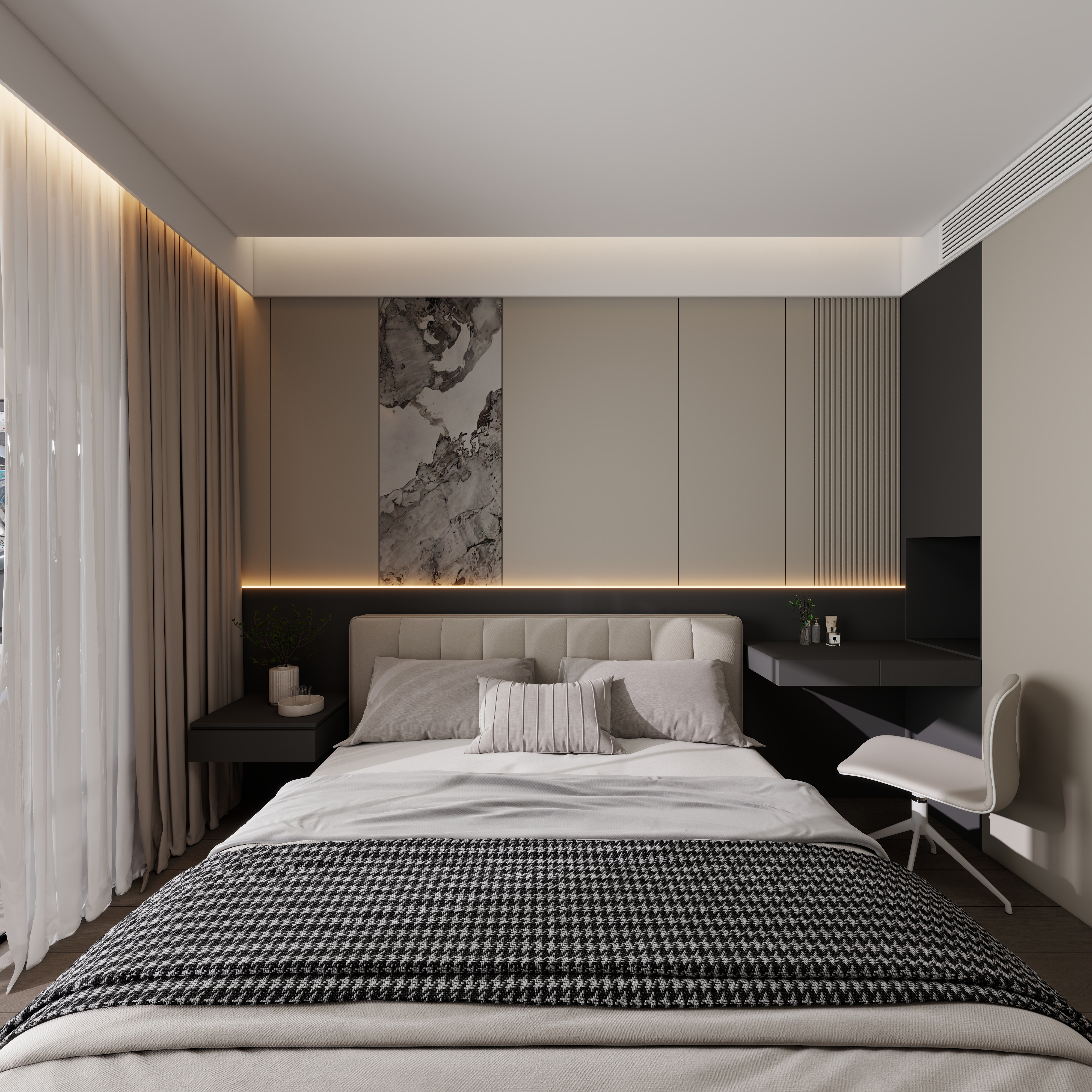 设计师丨胡月平-意式极简151㎡4室一层主卧装修效果图第3张