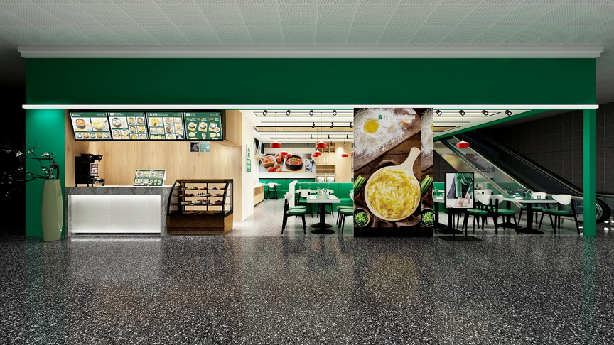 图中是一个绿色和白色的餐饮店。餐饮店的墙是绿色的，和右侧的白色隔断相接。店的左侧有一个白色的收银台，上面摆着三台机器，下面摆放着四张凳子。往里走是一个过道，过道左侧有一张图，图中是一个炒蛋的场景，下面还写着“努力成为更好的自己！”的字样。过道尽头是餐厅内部，图中是早餐店，左侧是一张有餐车的快餐桌，上面摆放着餐具，右侧是一个玻璃墙的隔离区，里面摆放着餐车和餐位，下面还摆放着餐椅。餐区上方有一个白色的卷帘门，下面的地板是黑白相间的方格纹。