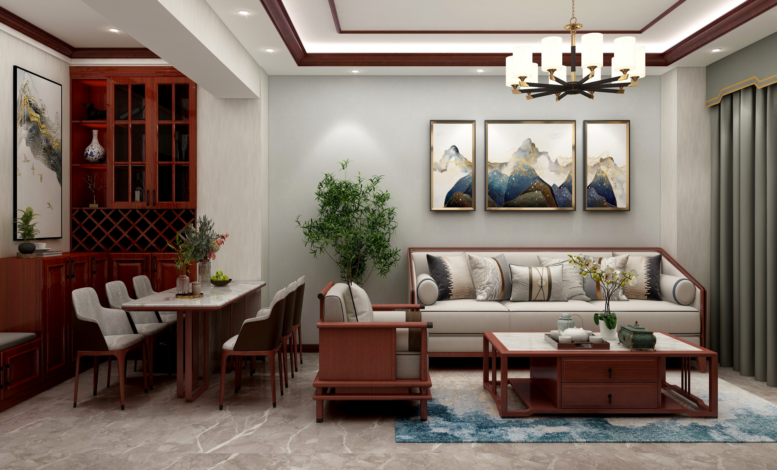 张斌-103平新中式两居室装修效果图