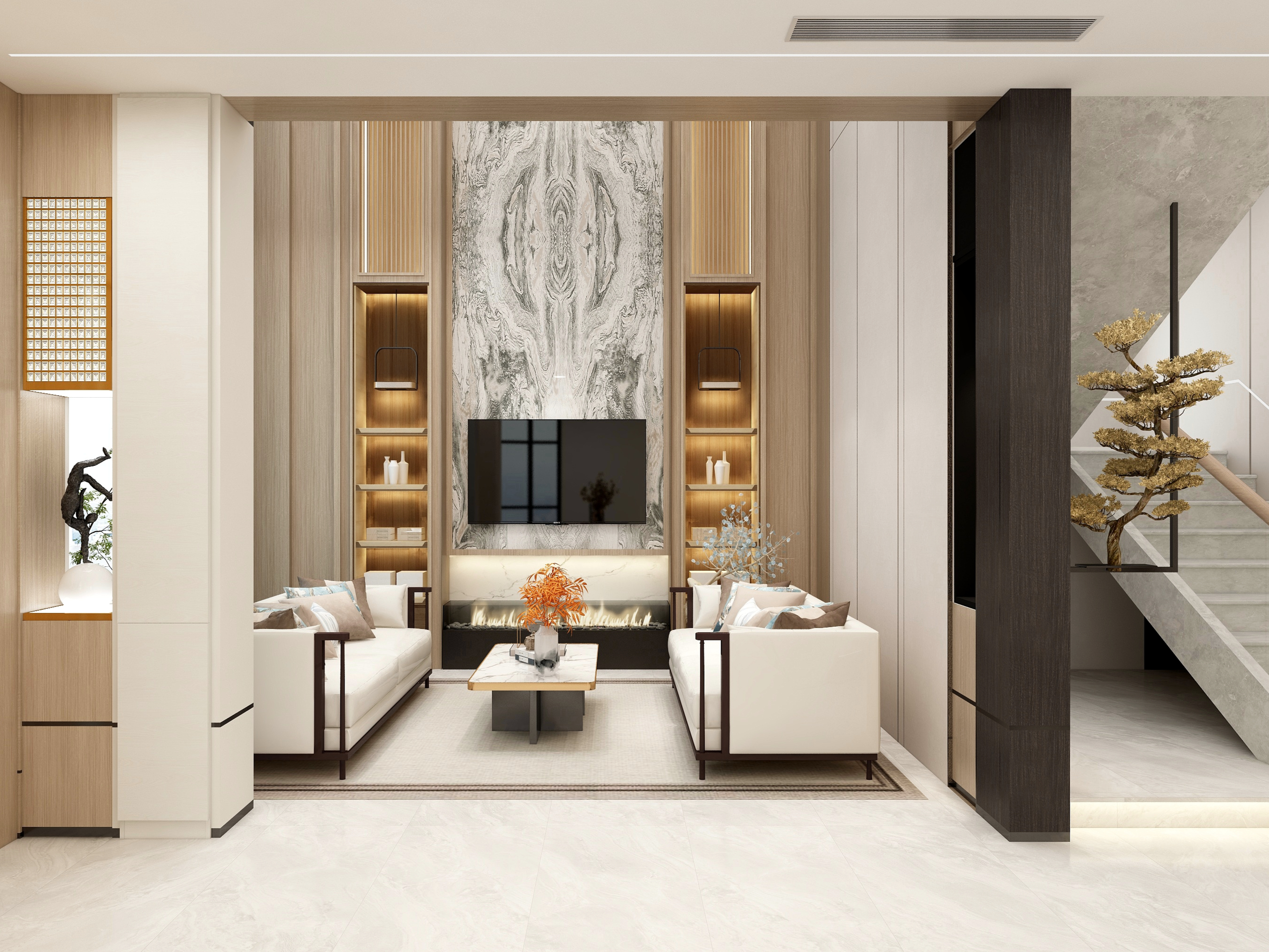 Ellen空间设计-轻中式《雅》-三层自建房别墅-轻奢中式意境悠然装修效果图