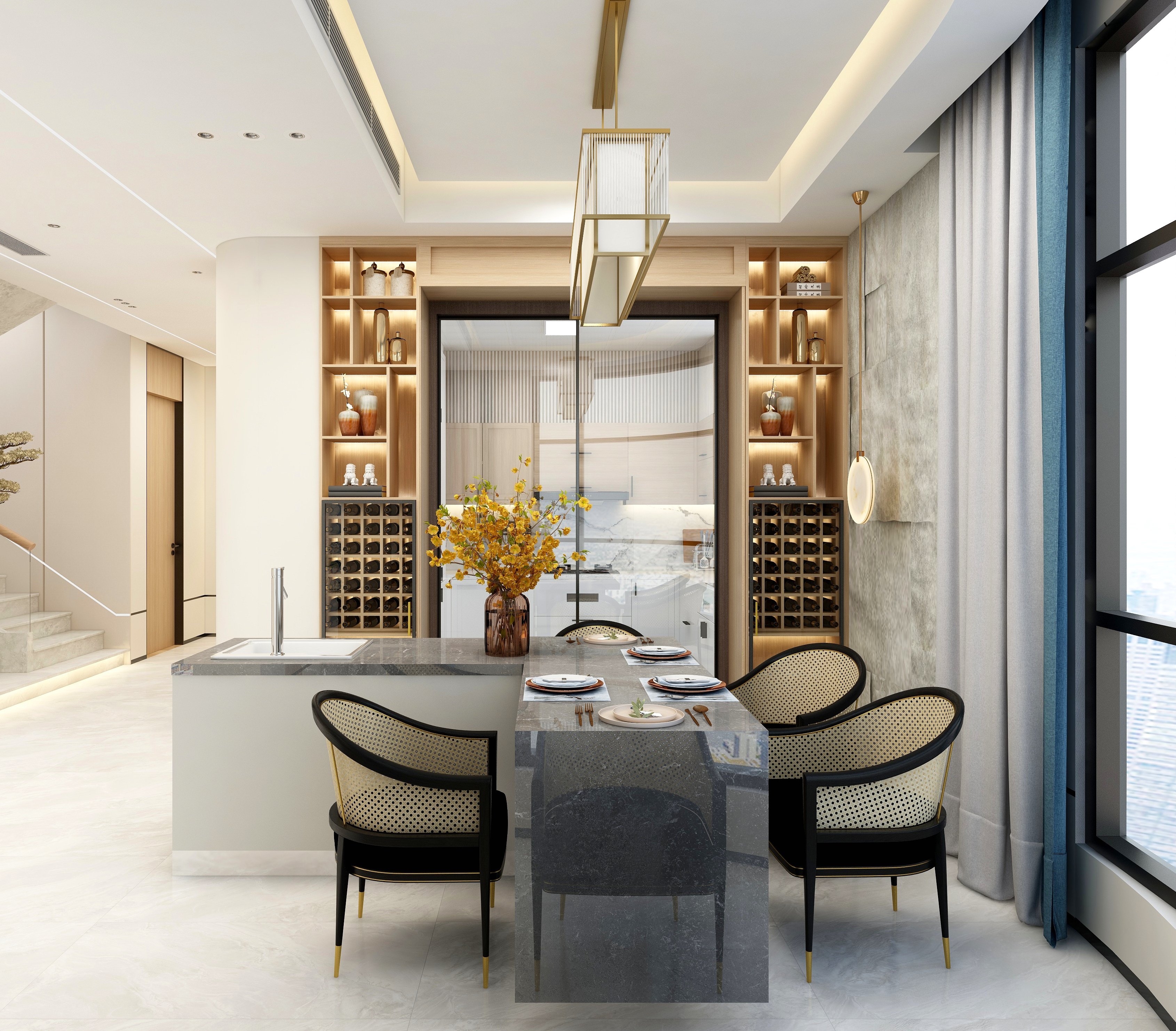 Ellen空间设计-轻中式《雅》-三层自建房别墅-轻奢中式意境悠然装修效果图