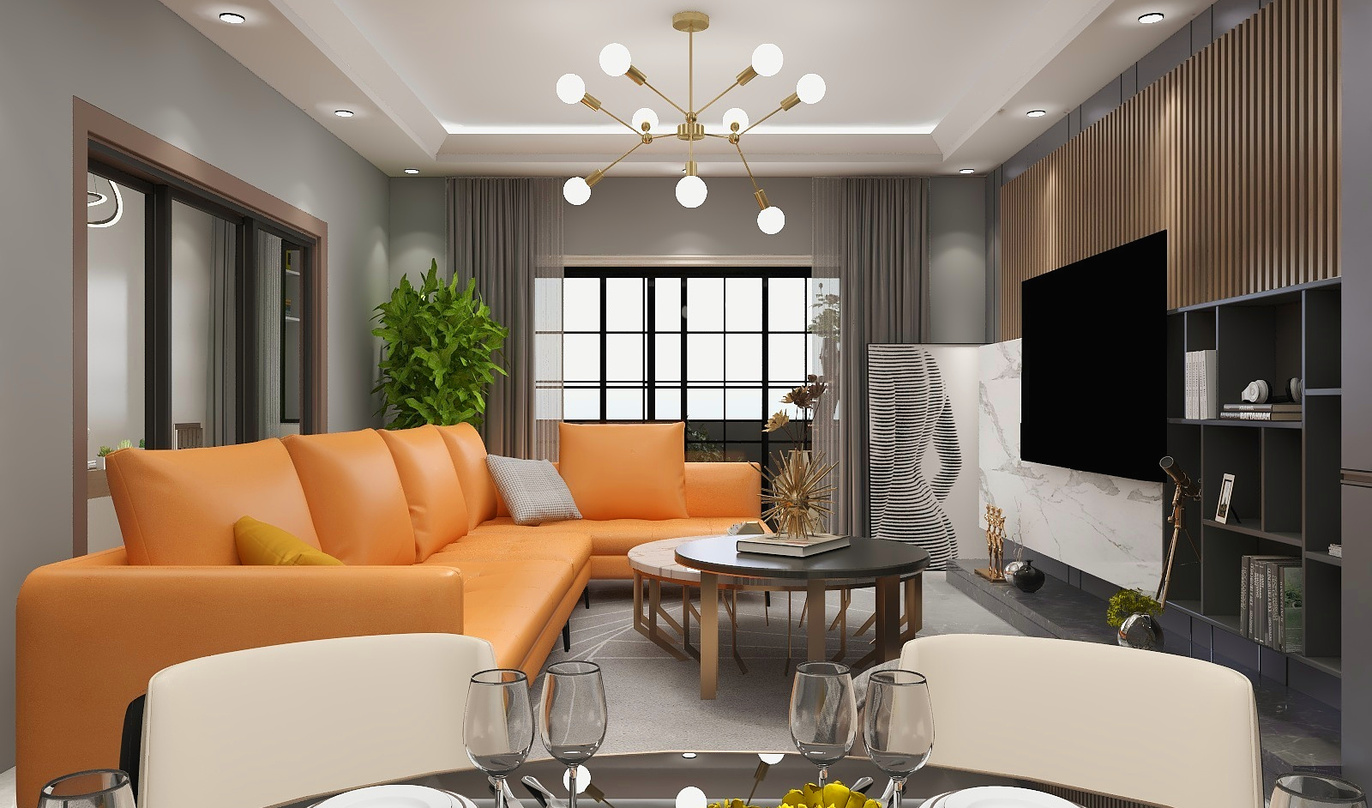 这个客厅的装修风格简约而时尚，使用了浅灰色的墙面和地板，搭配原木色的家具，整个空间显得既清新自然又舒适温馨。客厅的吊顶使用了白色，与墙面形成了鲜明的对比，使整个空间更加立体。在客厅的中央，摆放着一套橘色的皮质沙发，搭配两把白色餐椅，沙发的一侧还放置了一个黑色茶几，茶几上摆放着一些装饰品和餐具。沙发的另一侧是电视墙，墙上挂着一台大电视，电视的旁边是一个装饰性的壁挂，再旁边是一个黑框酒柜，酒柜旁边是大理石的电视柜。在客厅的另一侧，有一扇窗户，窗户的窗帘被拉到了最左侧。在餐桌的上方，挂着一个银色的吊灯，吊灯呈现出一个美丽的圆环形状。整个空间明亮整洁，充满了家的温馨感。