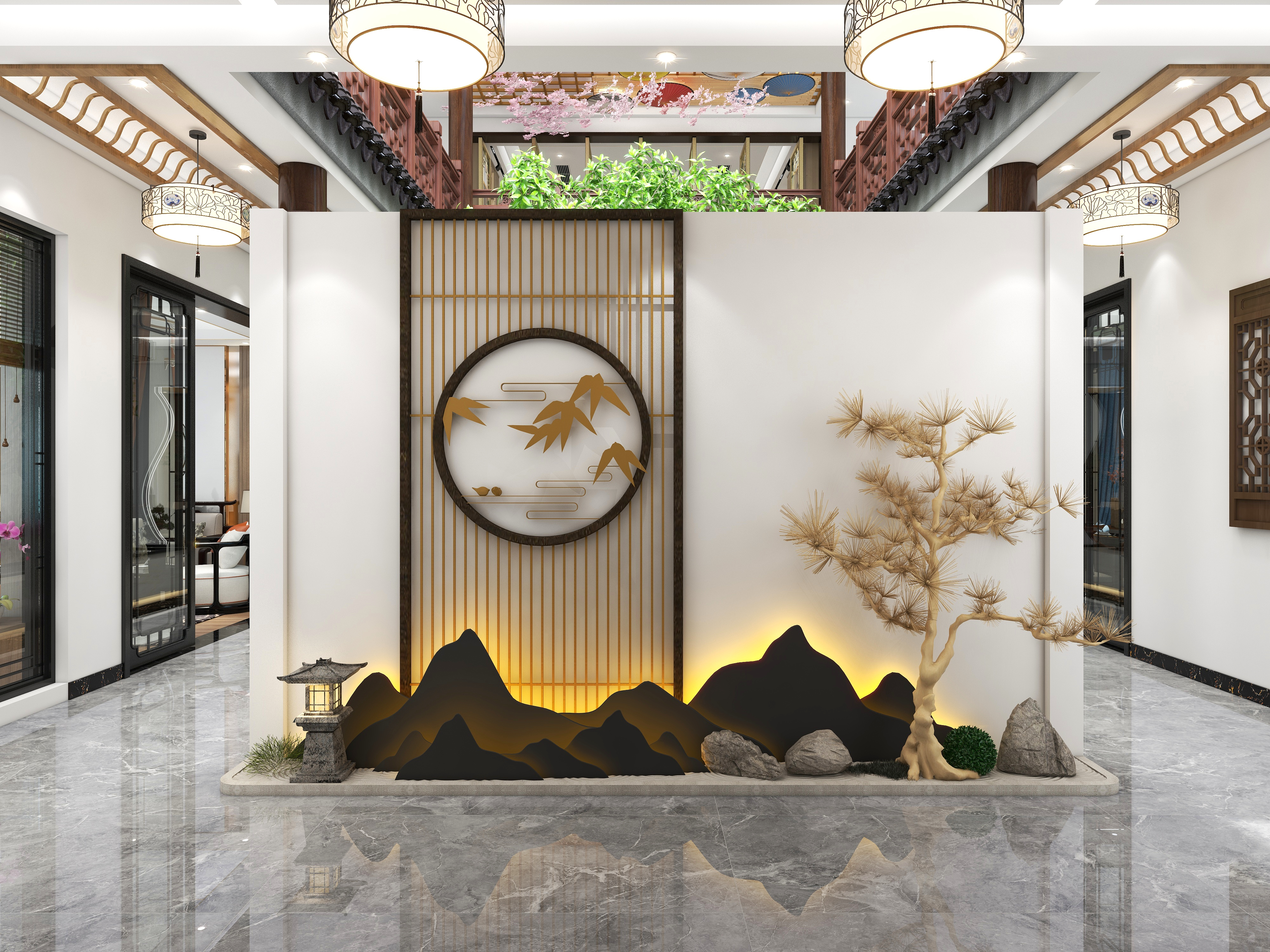 宋毅-广东两层带庭院自建别墅-新中式500平装修效果图