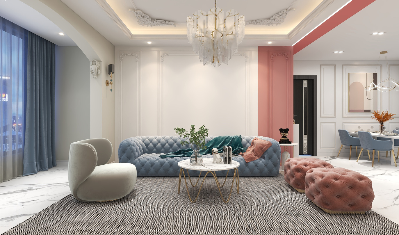 这是一间明亮的客厅，整体的色调以白色和米色为主，使整个空间看起来更加宽敞和整洁。在房间的中间，有一张蓝色的沙发，旁边是一张咖啡色的地毯，地毯上放着一个圆形的白色茶几，茶几上面摆放着一些装饰品和生活用品，看起来非常舒适和惬意。沙发的左边是一把白色休闲椅，右边是一张灰色的沙发。沙发后面是一面装饰有白色花纹的墙壁，墙壁的下方是装饰有花纹的白色踢脚线。房间的左侧是餐厅，餐厅的餐桌上铺着白色台布，摆放着餐具和饰品，看起来非常精致和温馨。餐厅的右侧是一个开放式的厨房，厨房的墙面是白色的，也有白色的吊顶。厨房的吊灯上挂着一个白色的水晶吊灯，吊灯的下面是一张白色的大理石餐桌，餐桌旁边是蓝色的餐椅。整个空间的设计非常精致和时尚，充满了现代感。